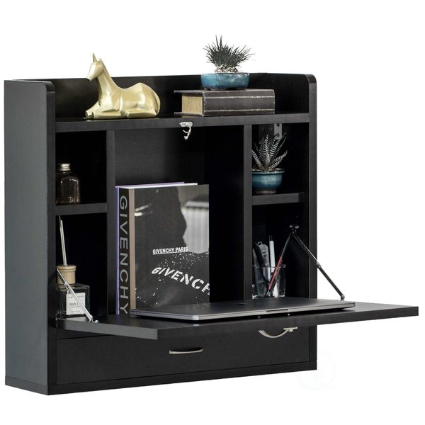 Basicwise Wall Mount Folding Laptop Writing Computer or Makeup Desk with Storage Shelves and Drawer, Black QI004015.BK